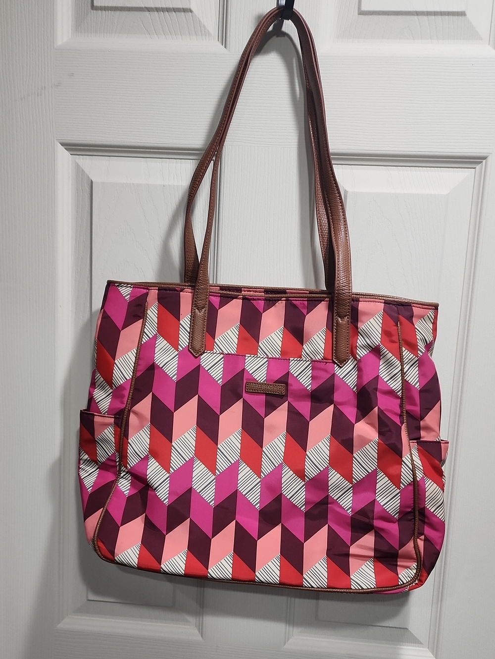 Vera Bradley Pink Red Geometric Tote with Brown Handles